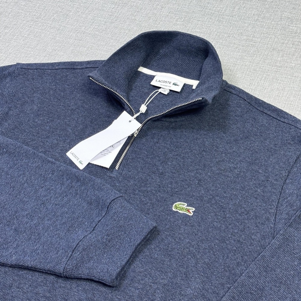 Lacoste 1/4 Zip Sweater Mens 2XL Blue Pockets Mock Neck Cotton Pullover